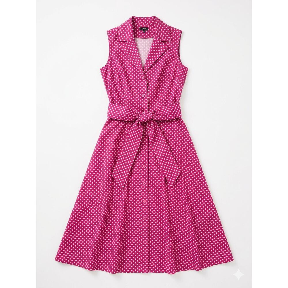 J. Peterman 6 Pink Blue Polka Dot Shirt Dress Belted Preppy Sleeveless Cotton